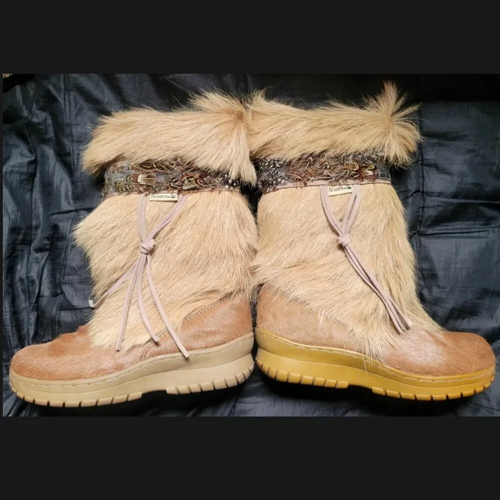 BearPaw KOLA Apres Ski Boots Sz 7 Real Fur Sheepskin Calf Goat Skin Wool Tan - Picture 4 of 16